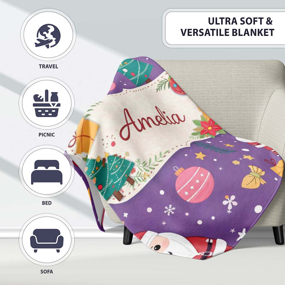Cute Christmas Santa Tree Gift Cartoon Seamless Pattern Lovely Personalised Custom Name Super Soft Fleece Blanket Bed Sofa Throw