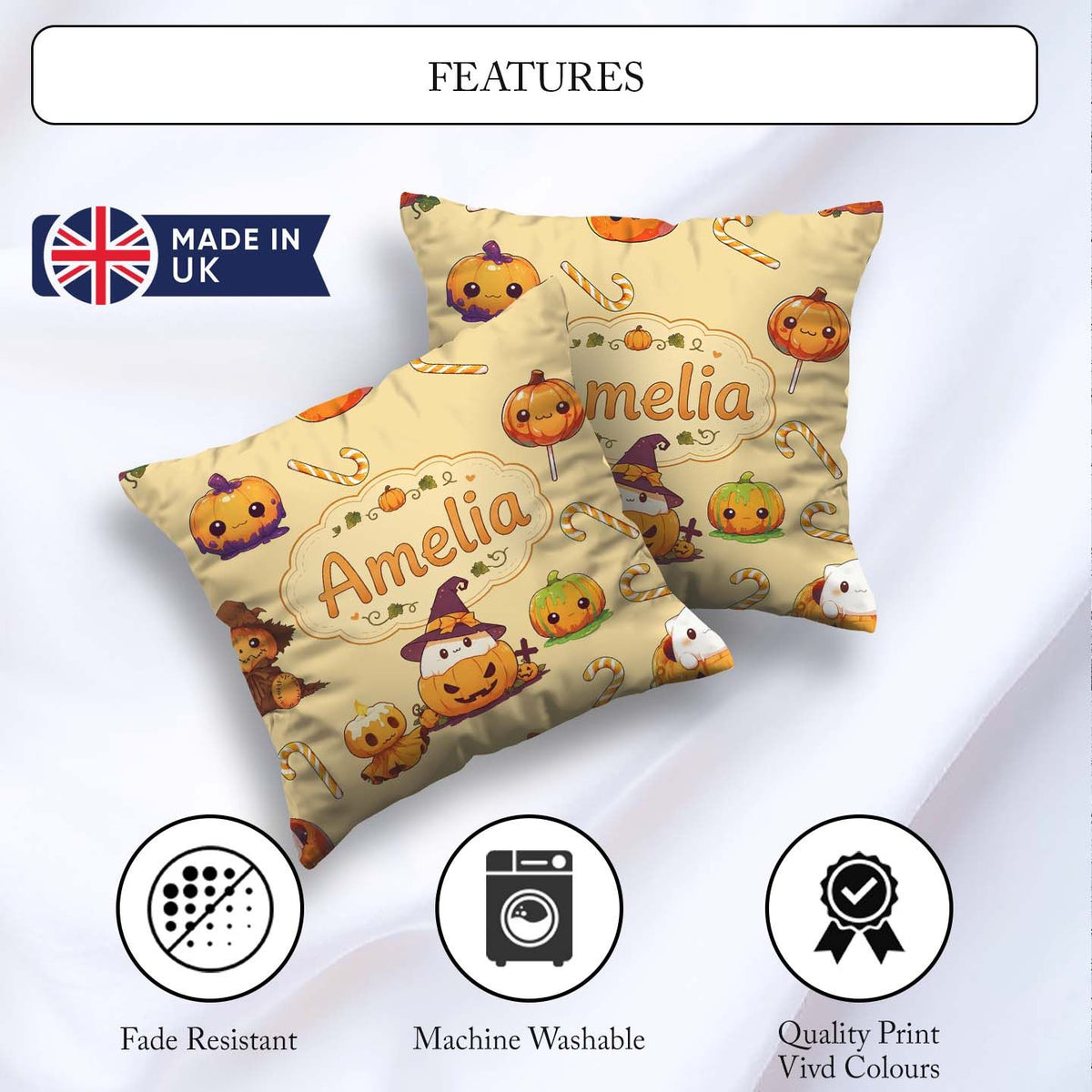 Custom Name Kawaii Halloween Pumpkin Witch Candy Seamless Yellow Square Filled Cushion Throw Pillow Sofa Bed Home Decor Zip Washable UK Made