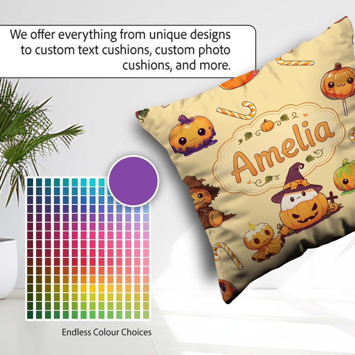 Custom Name Kawaii Halloween Pumpkin Witch Candy Seamless Yellow Square Filled Cushion Throw Pillow Sofa Bed Home Decor Zip Washable UK Made