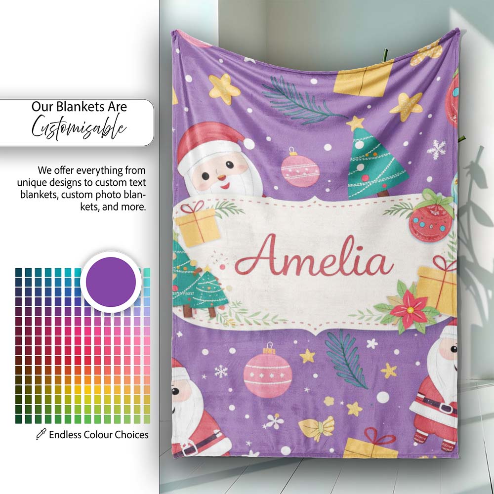 Cute Christmas Santa Tree Gift Cartoon Seamless Pattern Lovely Personalised Custom Name Super Soft Fleece Blanket Bed Sofa Throw