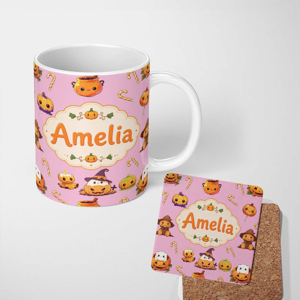 Personalized Custom Name Cute Kawaii Halloween Pumpkin Witch Candy Seamless Pattern Pink 11oz Ceramic Coffee Tea Mug White Large Handle