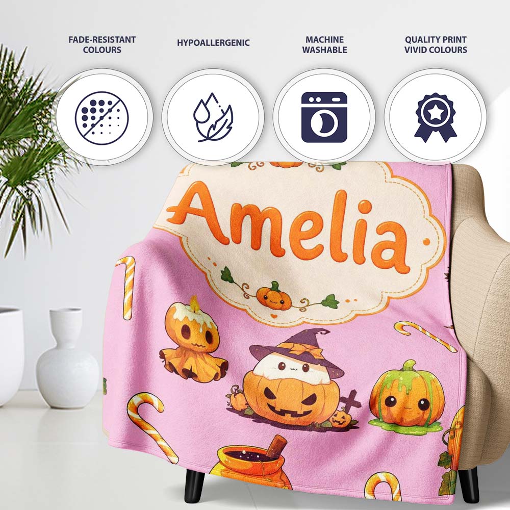 Cute Kawaii Halloween Pumpkin Witch Candy Seamless Pattern Pink Personalised Custom Name Super Soft Fleece Blanket Bed Sofa Throw