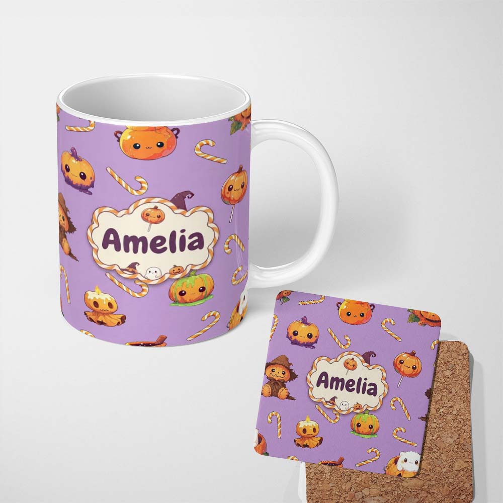 Personalized Custom Name Cute Kawaii Halloween Pumpkin Witch Candy Seamless Pattern Purple 11oz Ceramic Coffee Tea Mug White Large Handle