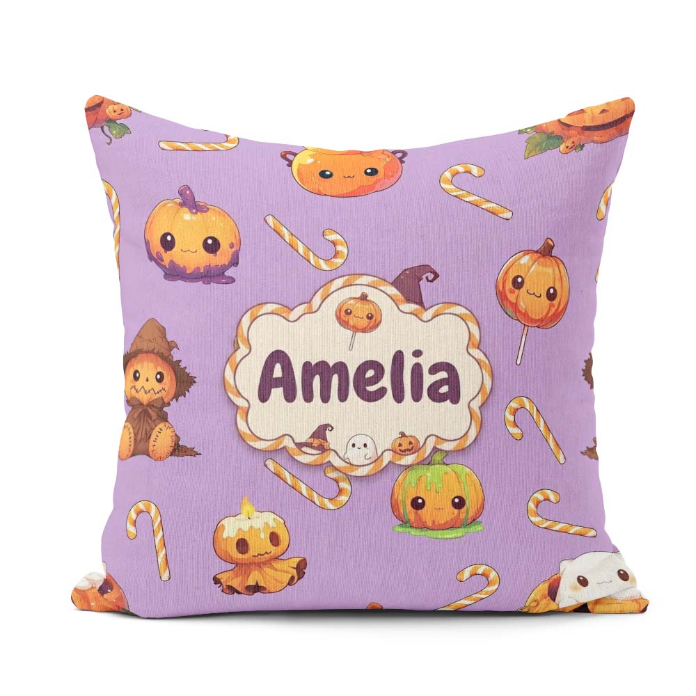 Custom Name Kawaii Halloween Pumpkin Witch Candy Seamless Purple Square Filled Cushion Throw Pillow Sofa Bed Home Decor Zip Washable UK Made