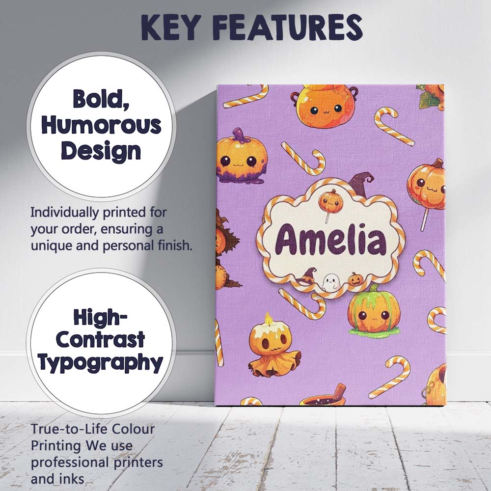 Personalised Name Cute Kawaii Halloween Custom Modern Room Accent Elegant Feature Canvas Wall Art Print Decor Picture Ready to Hang