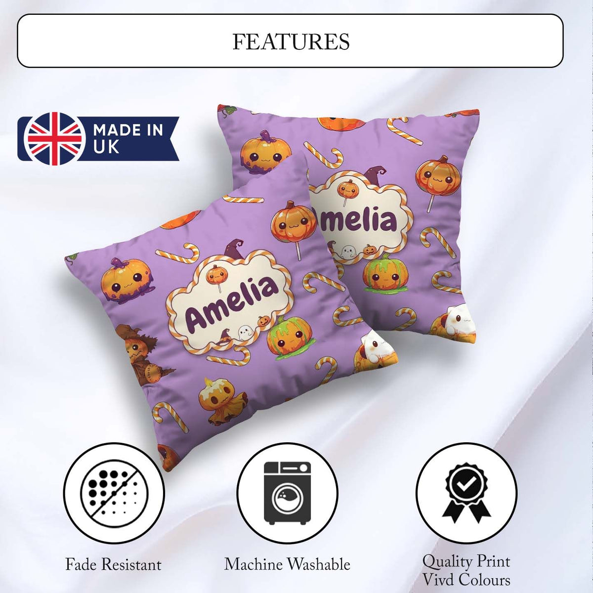 Custom Name Kawaii Halloween Pumpkin Witch Candy Seamless Purple Square Filled Cushion Throw Pillow Sofa Bed Home Decor Zip Washable UK Made