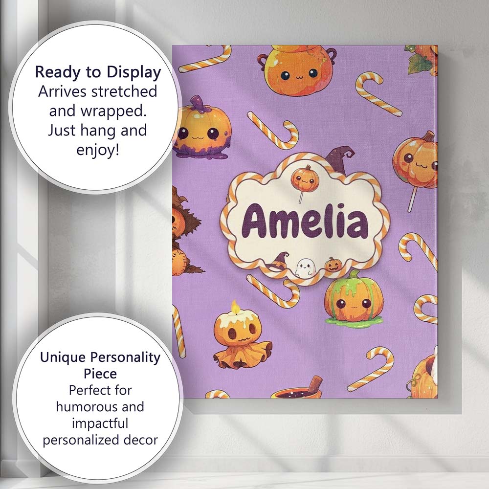 Personalised Name Cute Kawaii Halloween Custom Modern Room Accent Elegant Feature Canvas Wall Art Print Decor Picture Ready to Hang