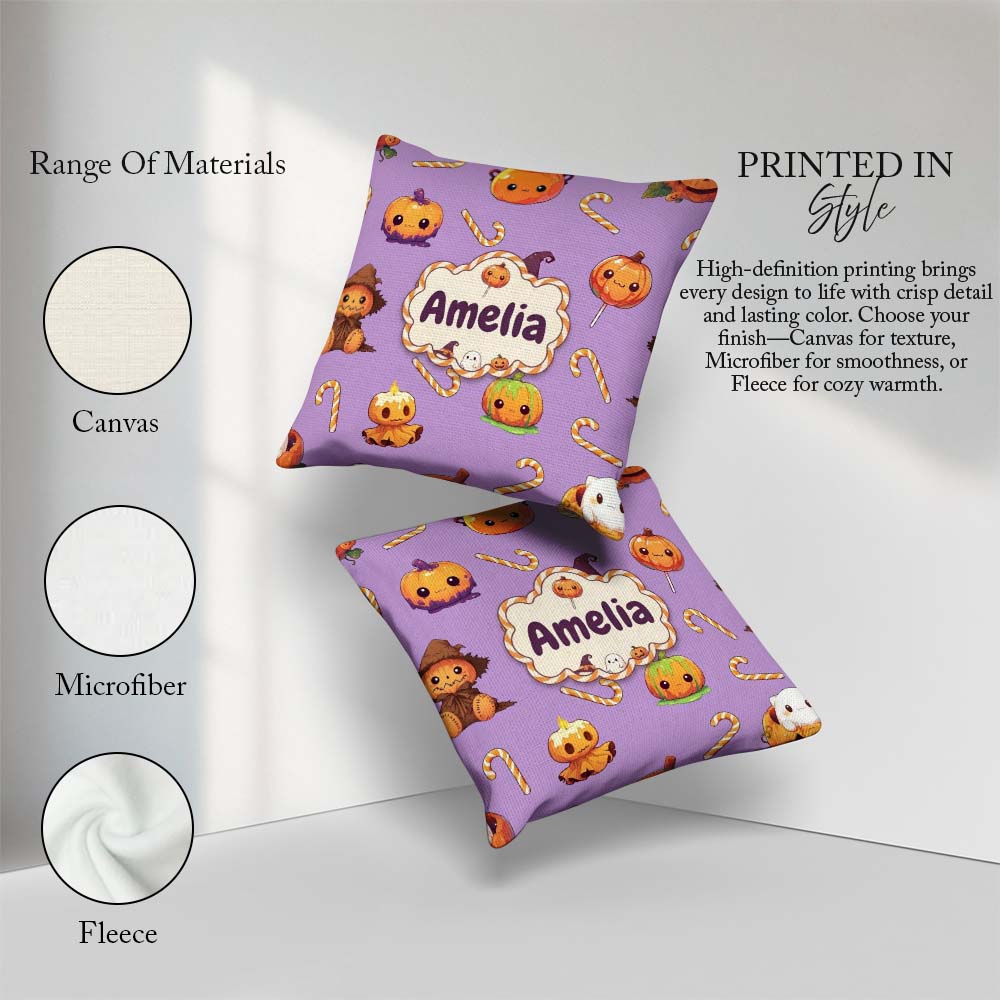 Custom Name Kawaii Halloween Pumpkin Witch Candy Seamless Purple Square Filled Cushion Throw Pillow Sofa Bed Home Decor Zip Washable UK Made