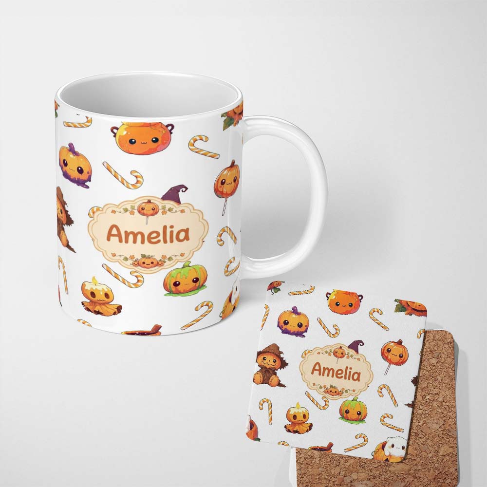 Personalized Custom Name Cute Kawaii Halloween Pumpkin Witch Candy Seamless Pattern Grey 11oz Ceramic Coffee Tea Mug White Large Handle