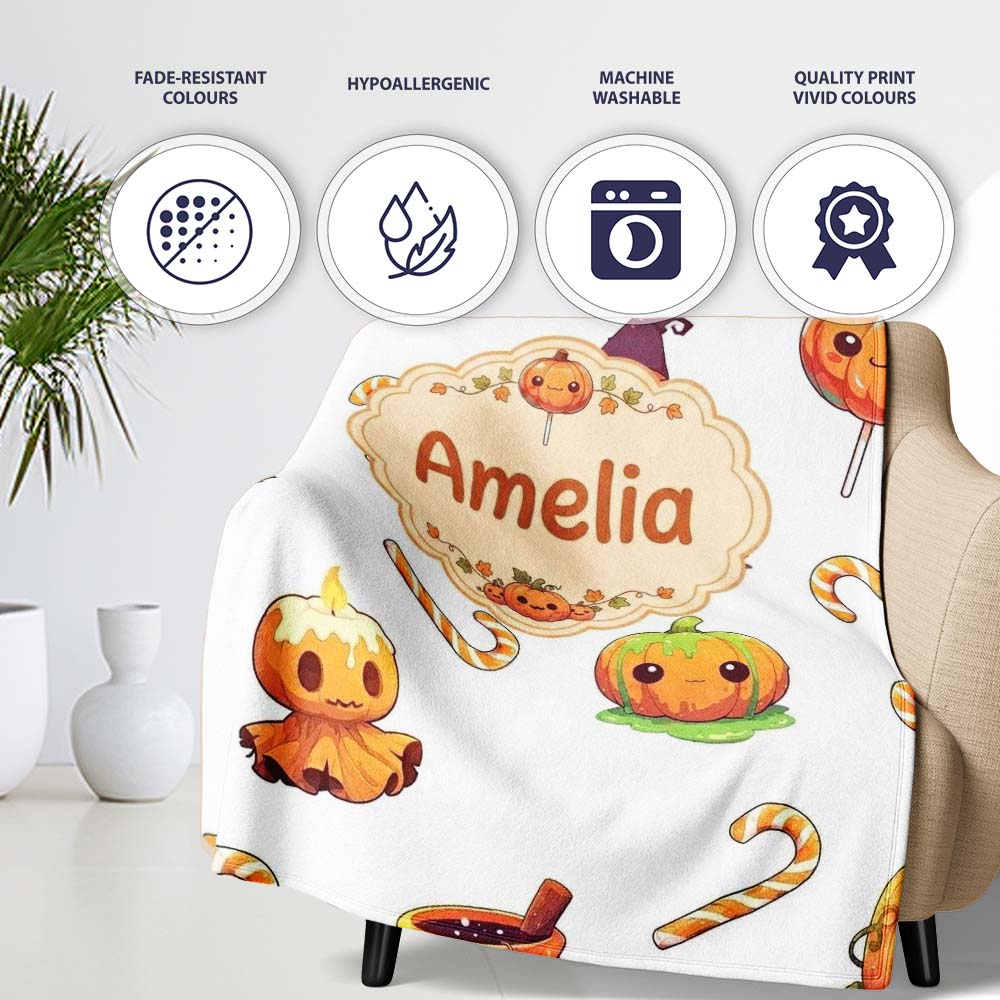 Cute Kawaii Halloween Pumpkin Witch Candy Seamless Pattern Grey Personalised Custom Name Super Soft Fleece Blanket Bed Sofa Throw