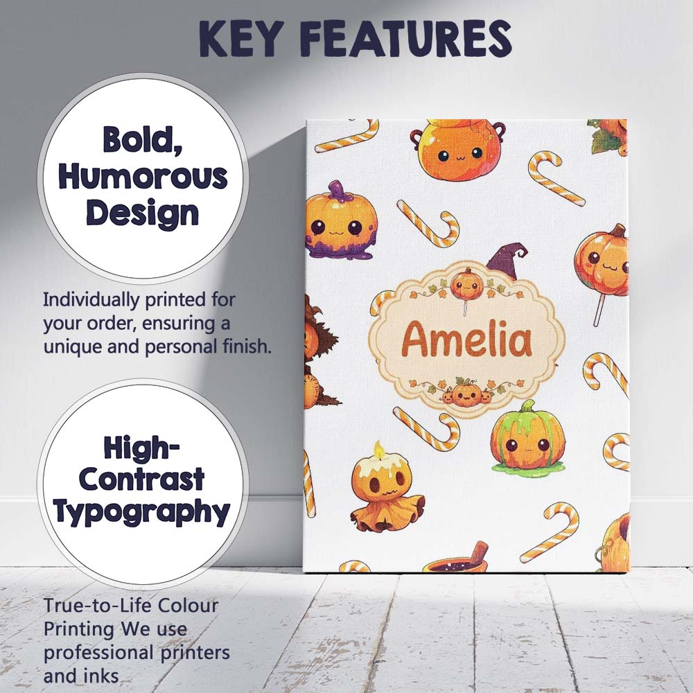 Personalised Name Cute Kawaii Halloween Custom Modern Room Accent Elegant Feature Canvas Wall Art Print Decor Picture Ready to Hang