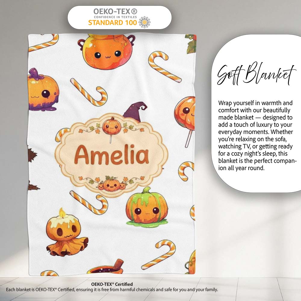 Cute Kawaii Halloween Pumpkin Witch Candy Seamless Pattern Grey Personalised Custom Name Super Soft Fleece Blanket Bed Sofa Throw