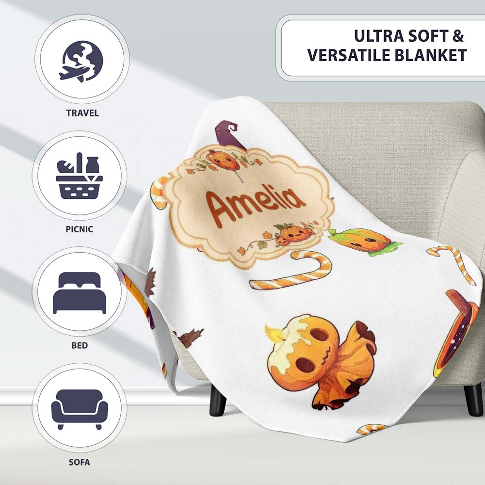 Cute Kawaii Halloween Pumpkin Witch Candy Seamless Pattern Grey Personalised Custom Name Super Soft Fleece Blanket Bed Sofa Throw
