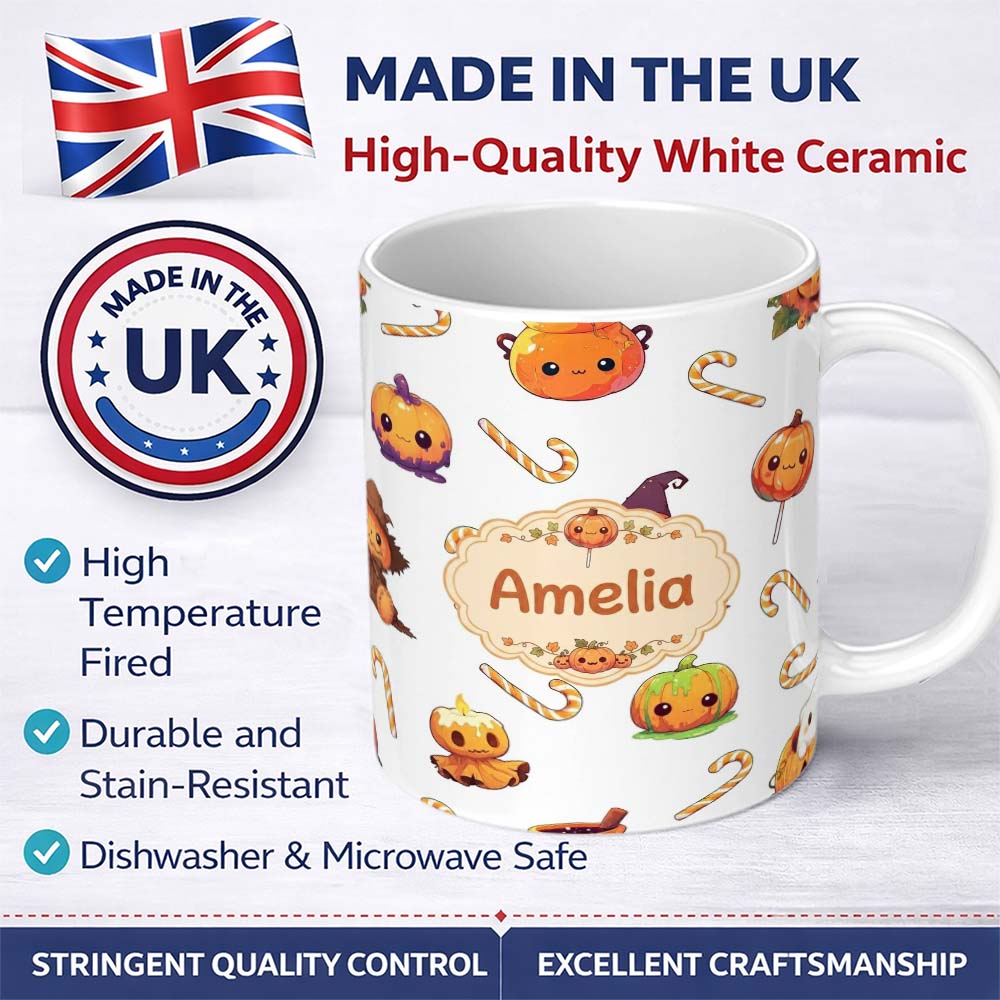 Personalized Custom Name Cute Kawaii Halloween Pumpkin Witch Candy Seamless Pattern Grey 11oz Ceramic Coffee Tea Mug White Large Handle