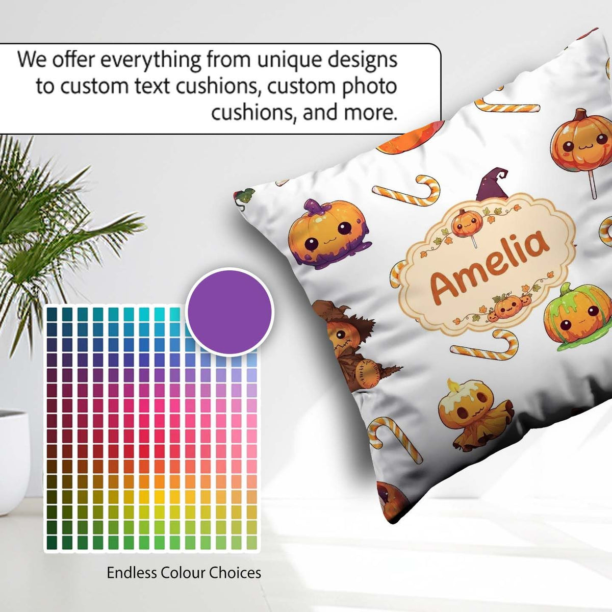 Custom Name Kawaii Halloween Pumpkin Witch Seamless Pattern Grey Square Filled Cushion Throw Pillow Sofa Bed Home Decor Zip Washable UK Made
