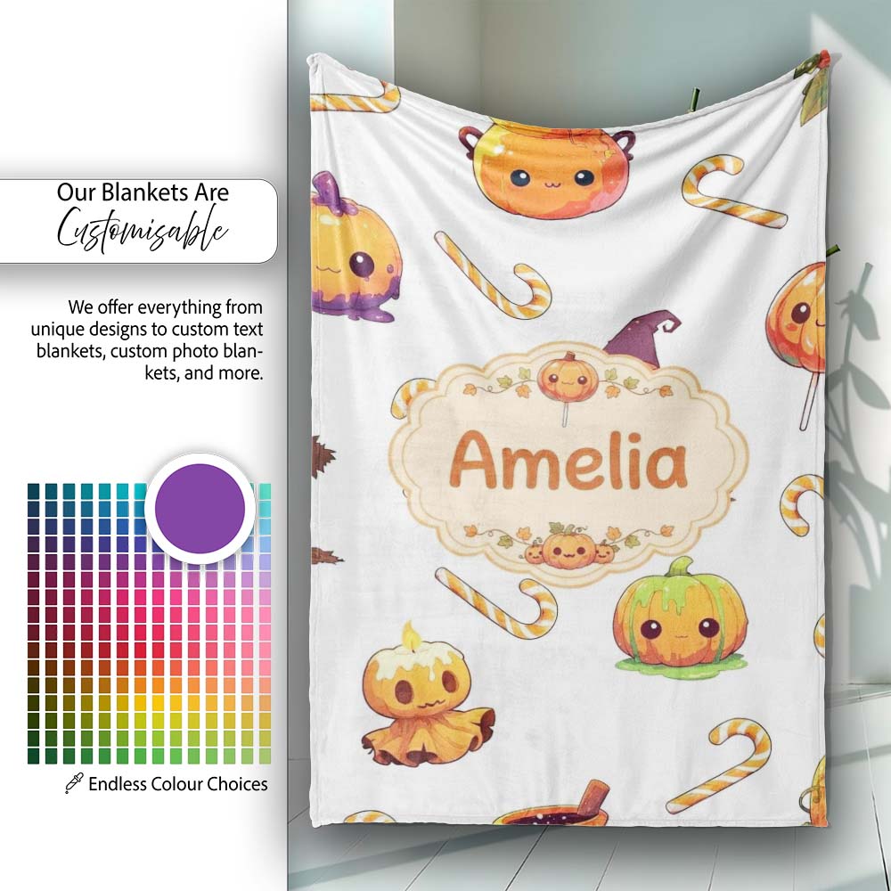 Cute Kawaii Halloween Pumpkin Witch Candy Seamless Pattern Grey Personalised Custom Name Super Soft Fleece Blanket Bed Sofa Throw