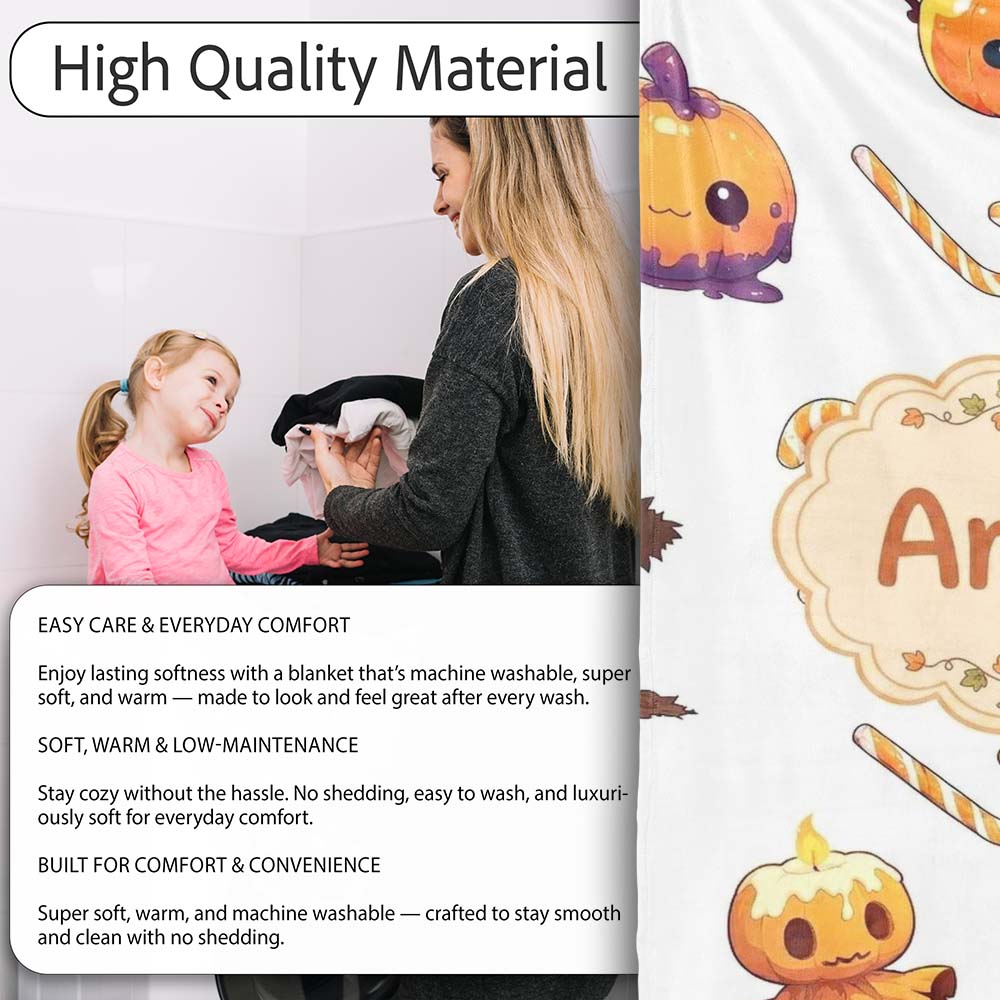 Cute Kawaii Halloween Pumpkin Witch Candy Seamless Pattern Grey Personalised Custom Name Super Soft Fleece Blanket Bed Sofa Throw