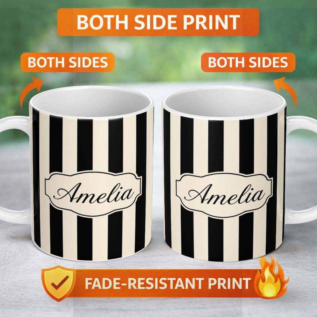 Personalized Custom Name Bold Wavy Black Cream Halloween Stripe Seamless Pattern Name Cute 11oz Ceramic Coffee Tea Mug White Large Handle