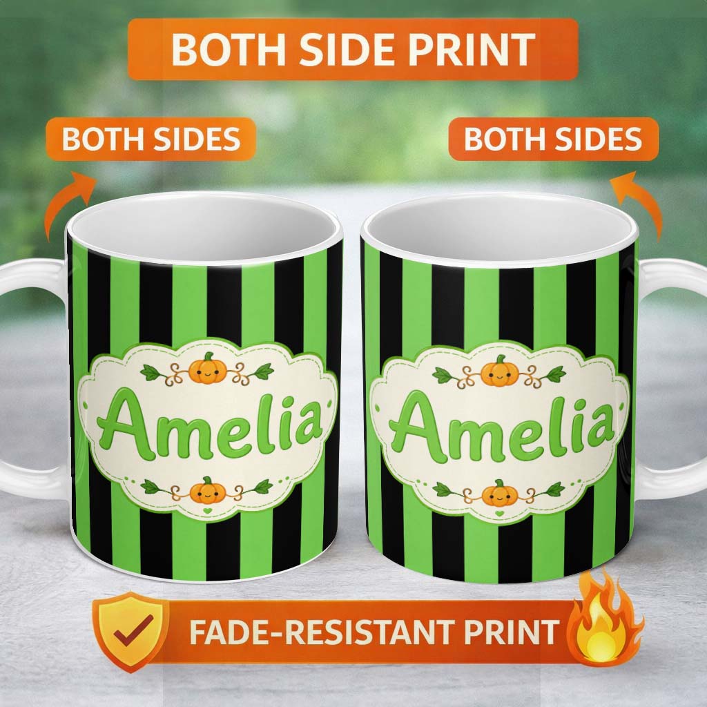 Personalized Custom Name Bold Wavy Green Black Halloween Stripe Seamless Pattern Name Cute 11oz Ceramic Coffee Tea Mug White Large Handle