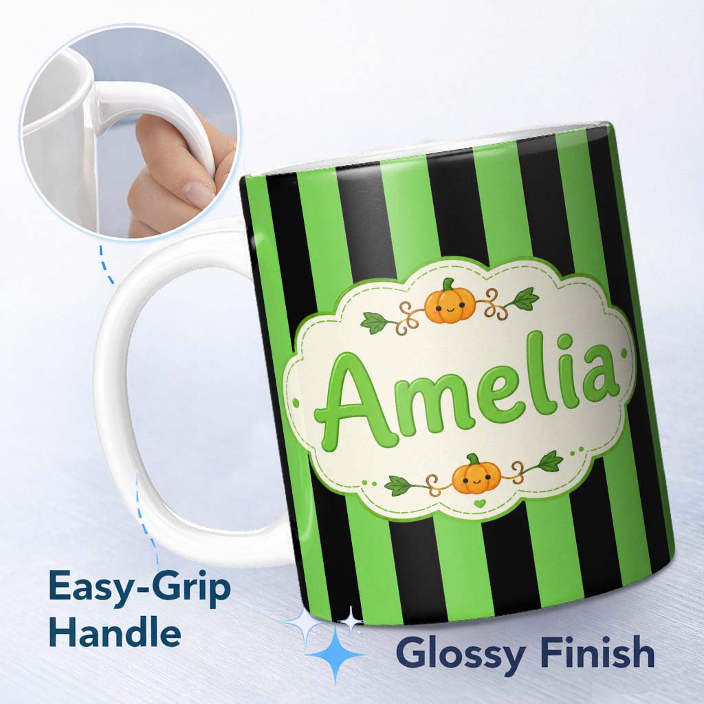 Personalized Custom Name Bold Wavy Green Black Halloween Stripe Seamless Pattern Name Cute 11oz Ceramic Coffee Tea Mug White Large Handle
