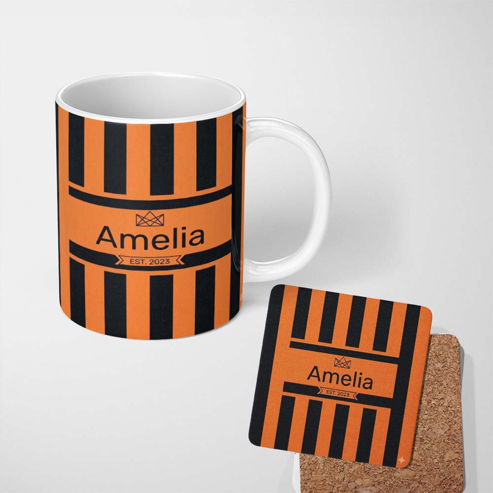 Personalized Custom Name Bold Wavy Orange Black Halloween Stripe Seamless Pattern Name Cute 11oz Ceramic Coffee Tea Mug White Large Handle