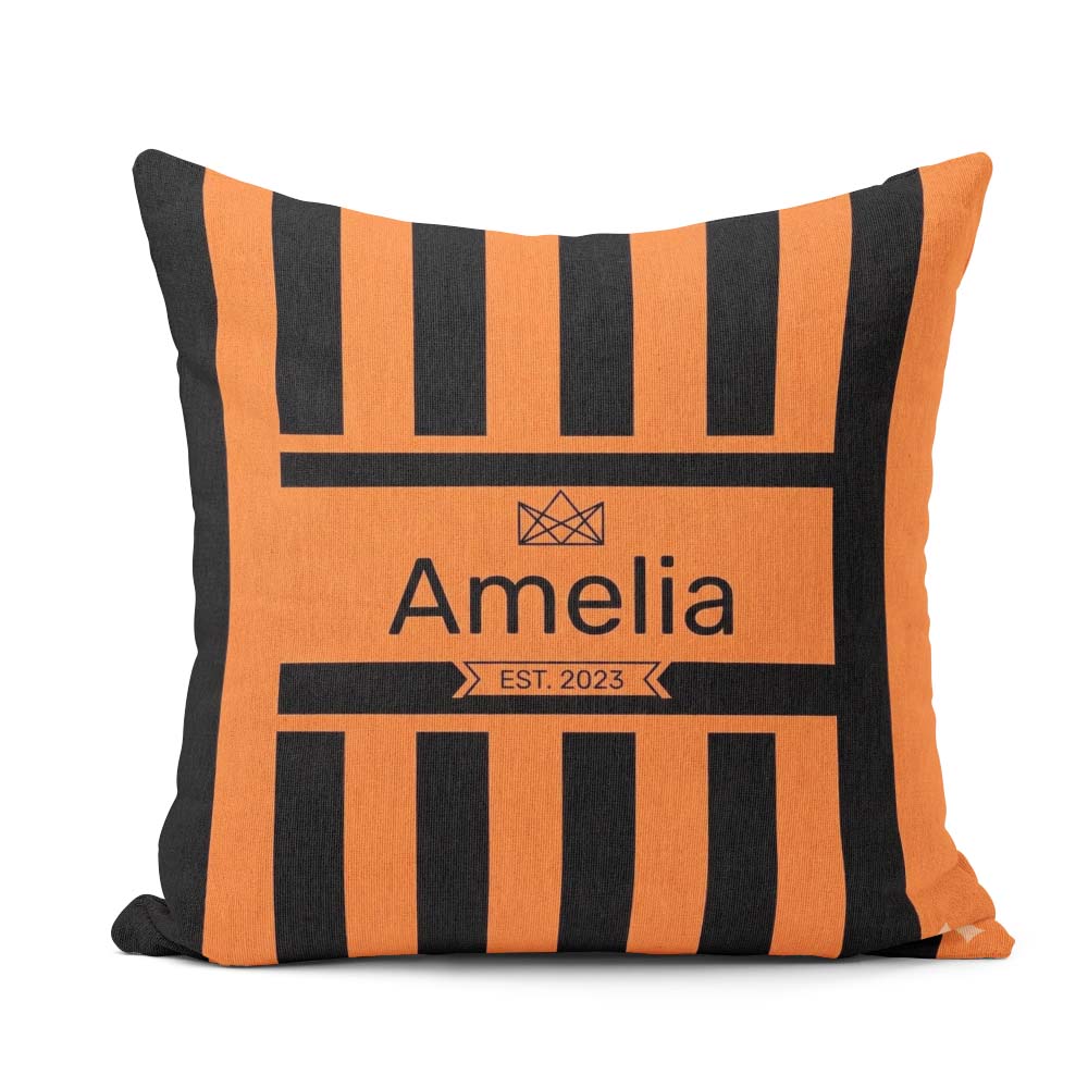 Custom Name Bold Wavy Orange Black Halloween Stripe Pattern Name Square Filled Cushion Throw Pillow Sofa Bed Home Decor Zip Washable UK Made