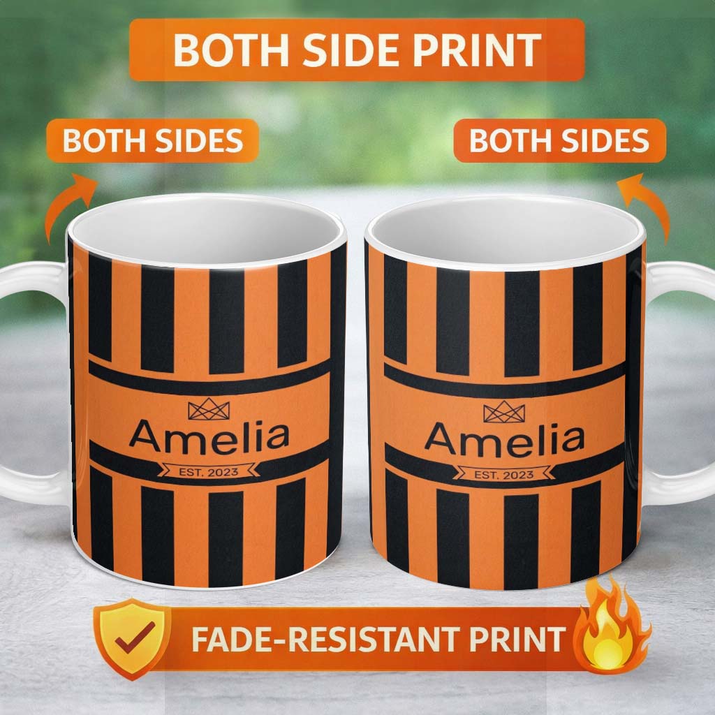 Personalized Custom Name Bold Wavy Orange Black Halloween Stripe Seamless Pattern Name Cute 11oz Ceramic Coffee Tea Mug White Large Handle