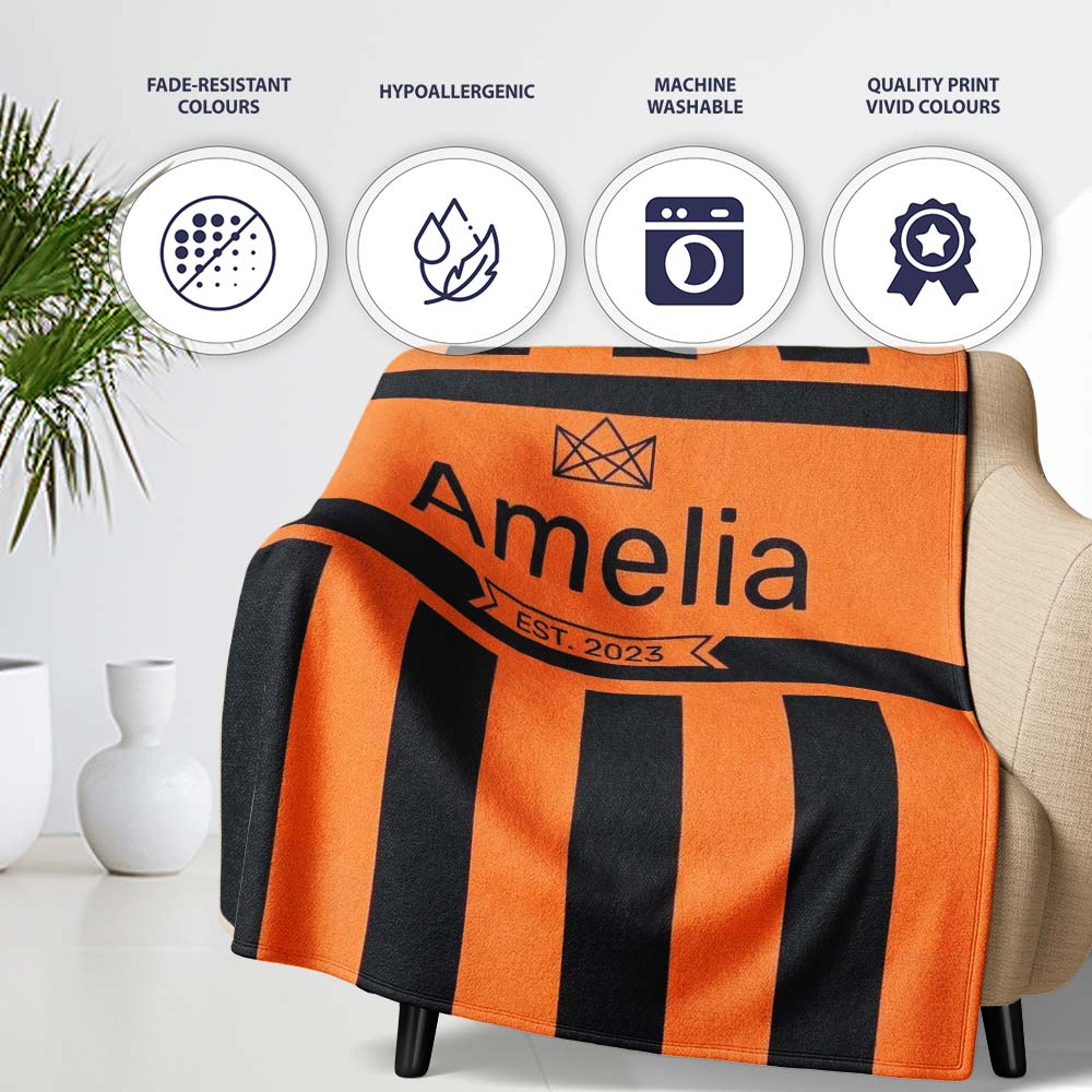 Bold Wavy Orange Black Halloween Stripe Seamless Pattern Name Cute Personalised Custom Name Super Soft Fleece Blanket Bed Sofa Throw