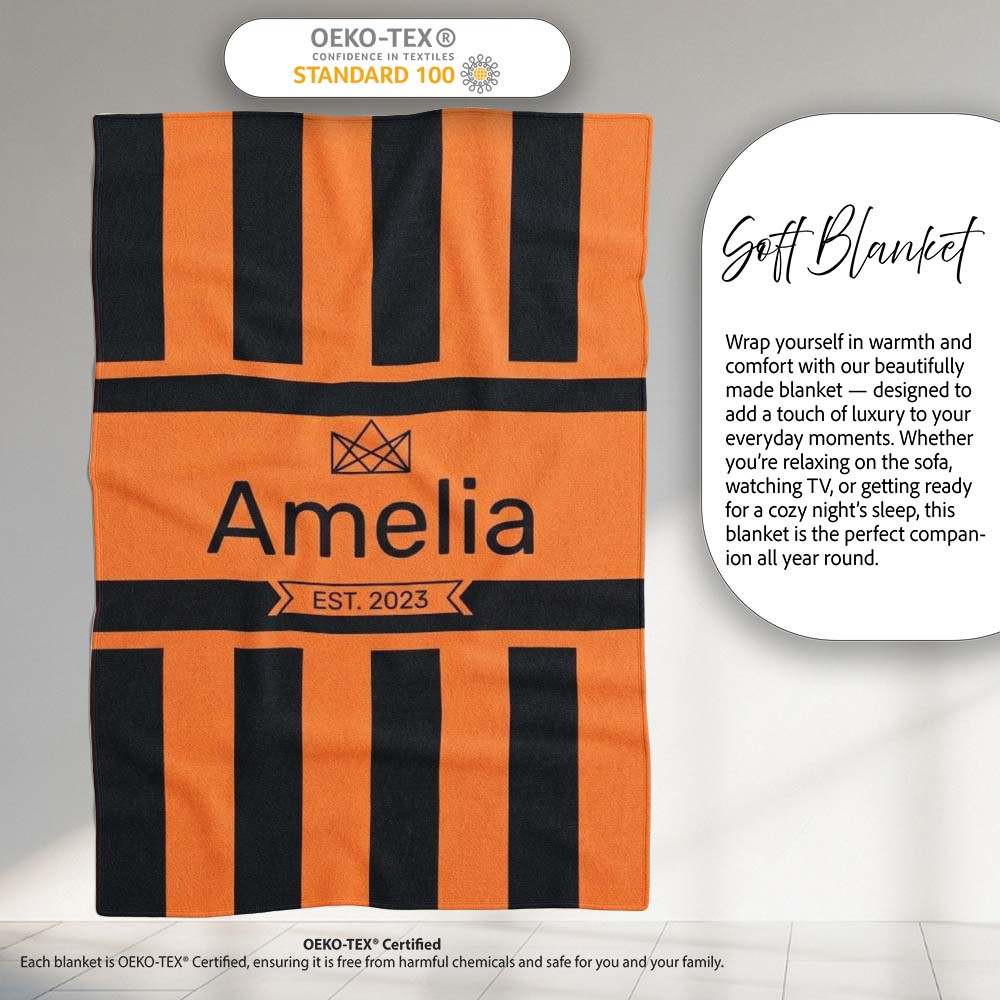 Bold Wavy Orange Black Halloween Stripe Seamless Pattern Name Cute Personalised Custom Name Super Soft Fleece Blanket Bed Sofa Throw