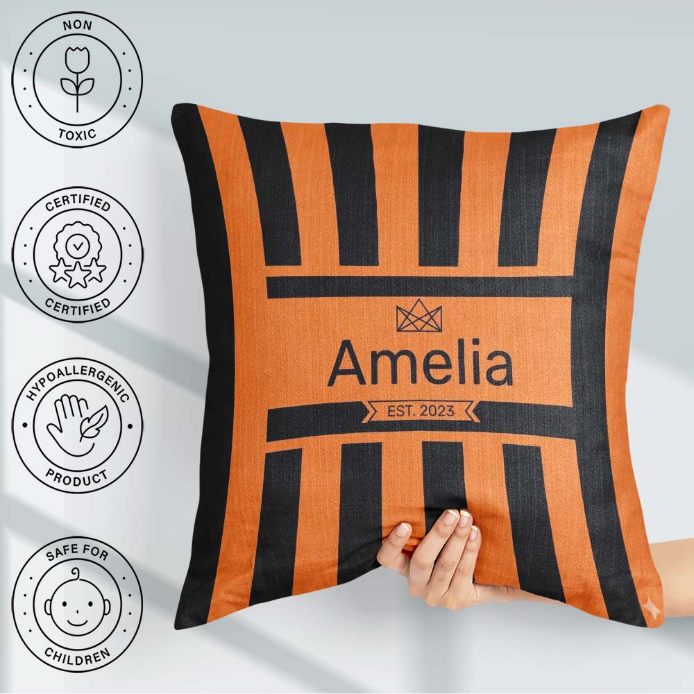 Custom Name Bold Wavy Orange Black Halloween Stripe Pattern Name Square Filled Cushion Throw Pillow Sofa Bed Home Decor Zip Washable UK Made