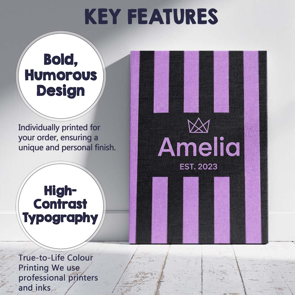 Personalised Name Bold Wavy Purple Black Custom Unique Gift Idea Elegant Feature Canvas Wall Art Print Decor Picture Ready to Hang
