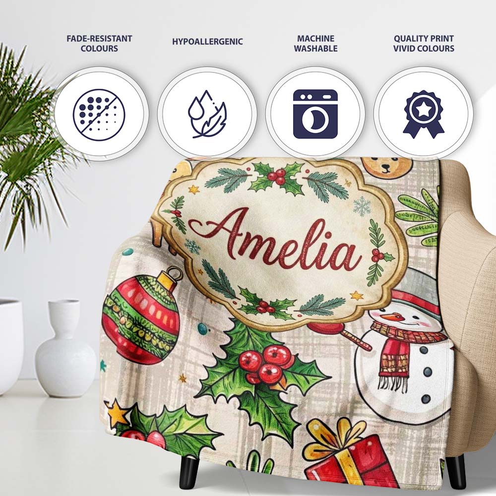 Festive Christmas Reindeer Wreath Snowman Seamless Pattern Lovely Personalised Custom Name Super Soft Fleece Blanket Bed Sofa Throw