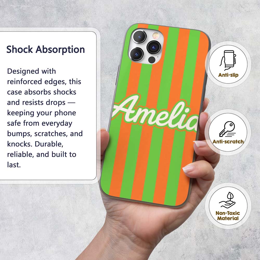 Bold Wavy Orange Green Halloween Stripe Seamless Custom Name Protective Phone Case Mobile Cover Durable Everyday Smartphone Shock Resistant