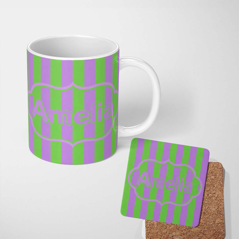 Personalized Custom Name Bold Wavy Purple Green Halloween Stripe Seamless Pattern Name Cute 11oz Ceramic Coffee Tea Mug White Large Handle