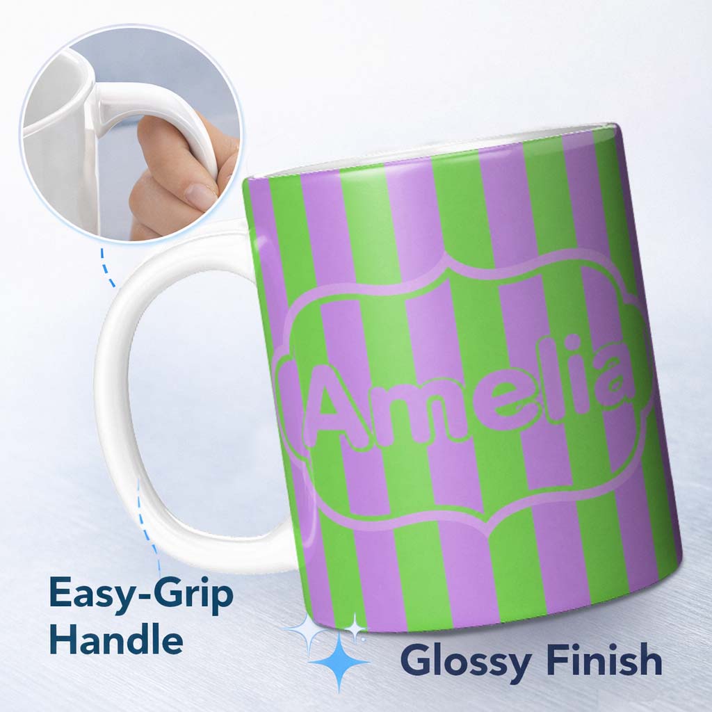Personalized Custom Name Bold Wavy Purple Green Halloween Stripe Seamless Pattern Name Cute 11oz Ceramic Coffee Tea Mug White Large Handle