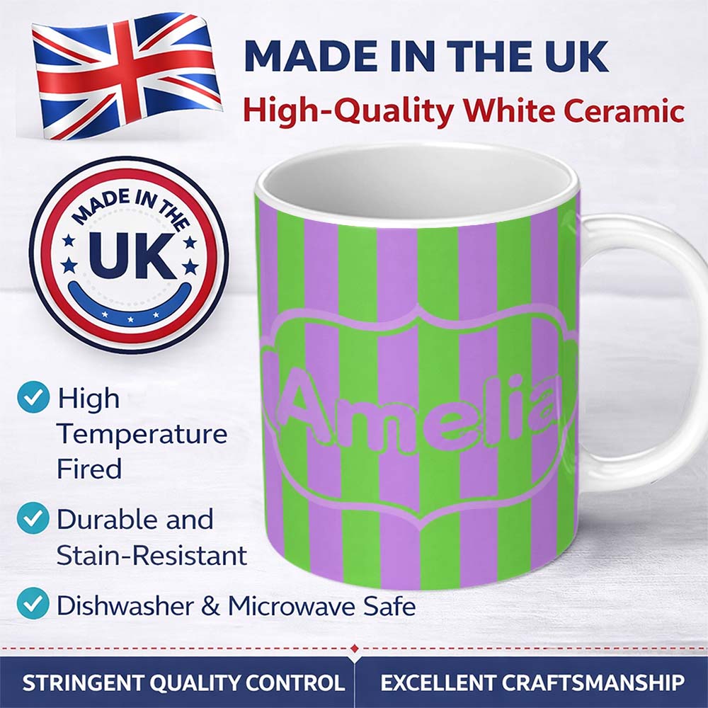 Personalized Custom Name Bold Wavy Purple Green Halloween Stripe Seamless Pattern Name Cute 11oz Ceramic Coffee Tea Mug White Large Handle