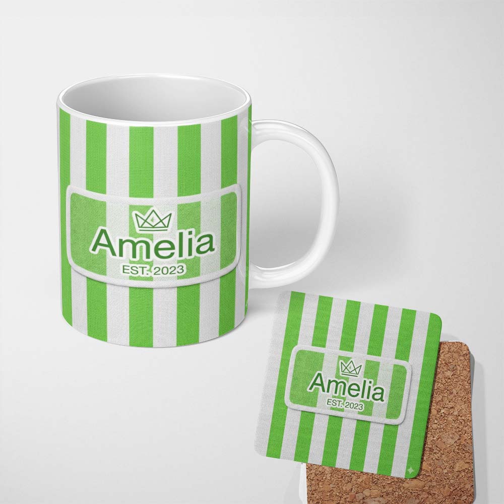 Personalized Custom Name Bold Wavy Green White Halloween Stripe Seamless Pattern Name Cute 11oz Ceramic Coffee Tea Mug White Large Handle