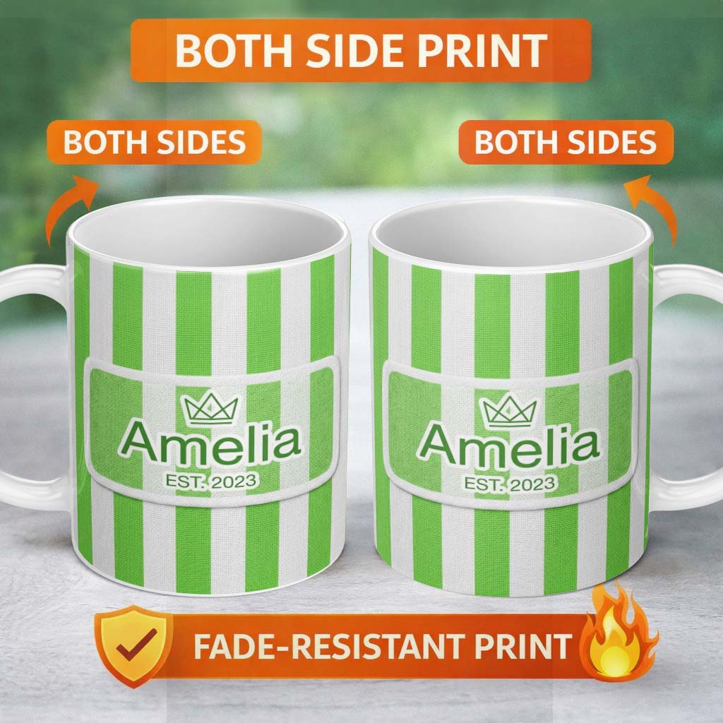 Personalized Custom Name Bold Wavy Green White Halloween Stripe Seamless Pattern Name Cute 11oz Ceramic Coffee Tea Mug White Large Handle