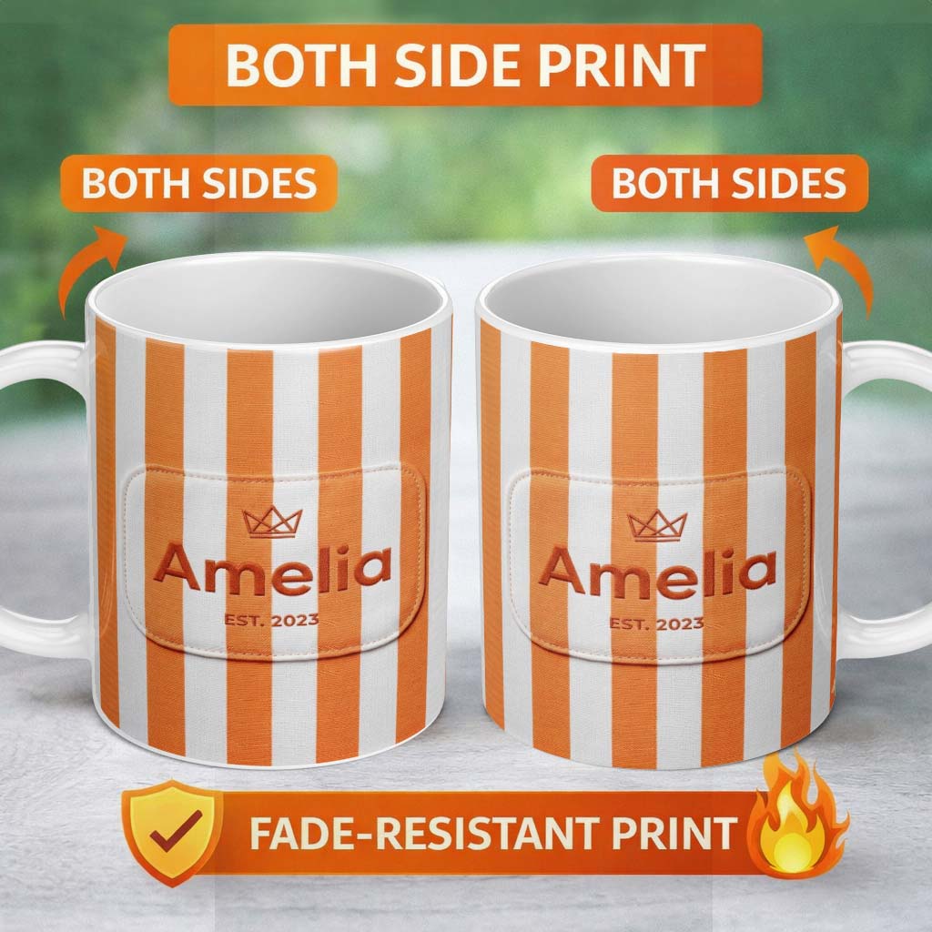 Personalized Custom Name Bold Wavy Orange White Halloween Stripe Seamless Pattern Name Cute 11oz Ceramic Coffee Tea Mug White Large Handle