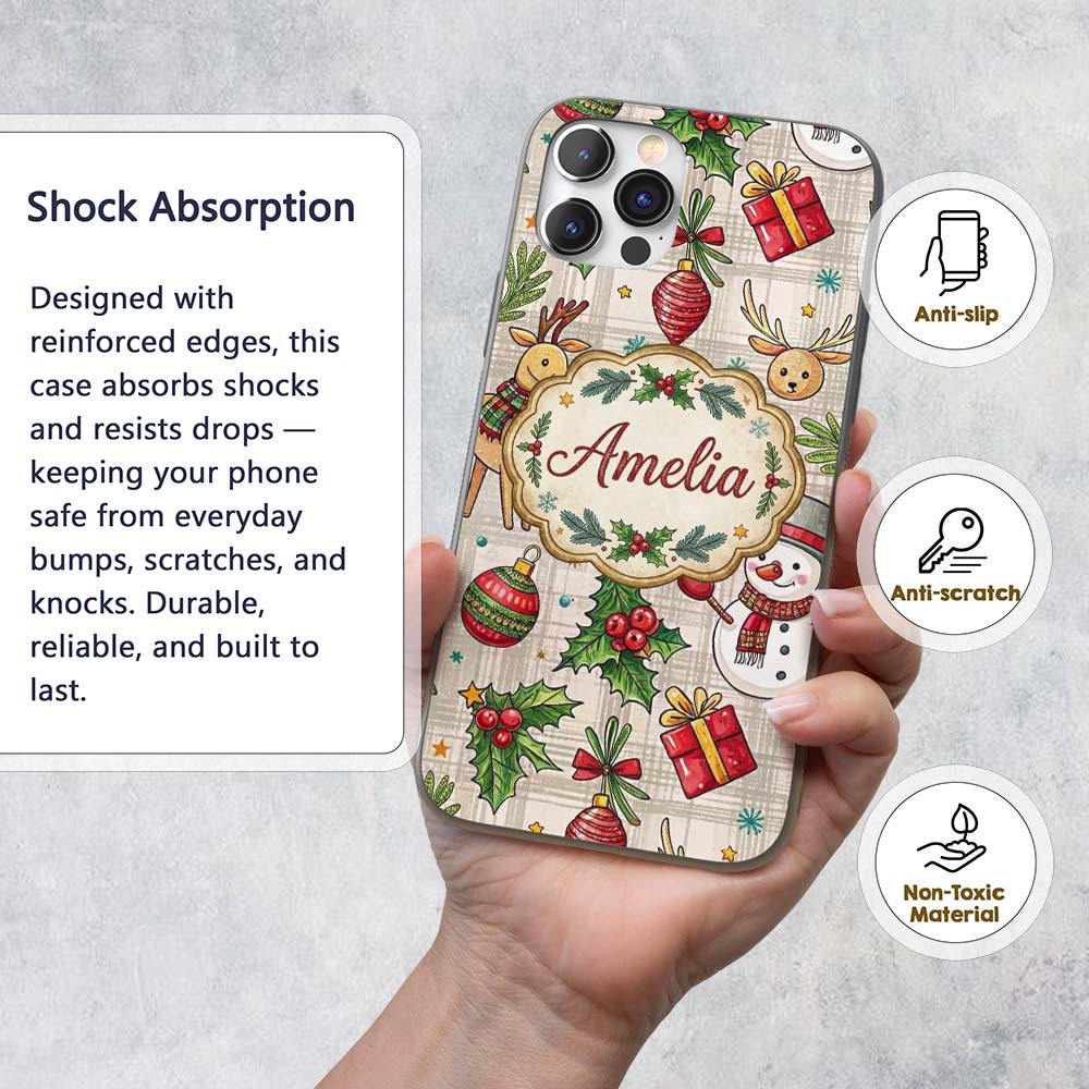 Festive Christmas Reindeer Wreath Printed Design Custom Name Protective Phone Case Mobile Cover Durable Everyday Smartphone Shock Resistant