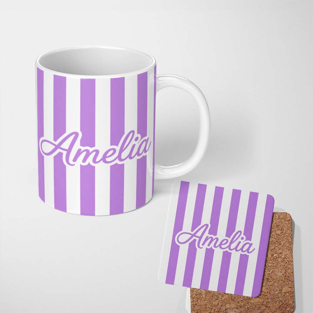 Personalized Custom Name Bold Wavy Purple White Halloween Stripe Seamless Pattern Name Cute 11oz Ceramic Coffee Tea Mug White Large Handle