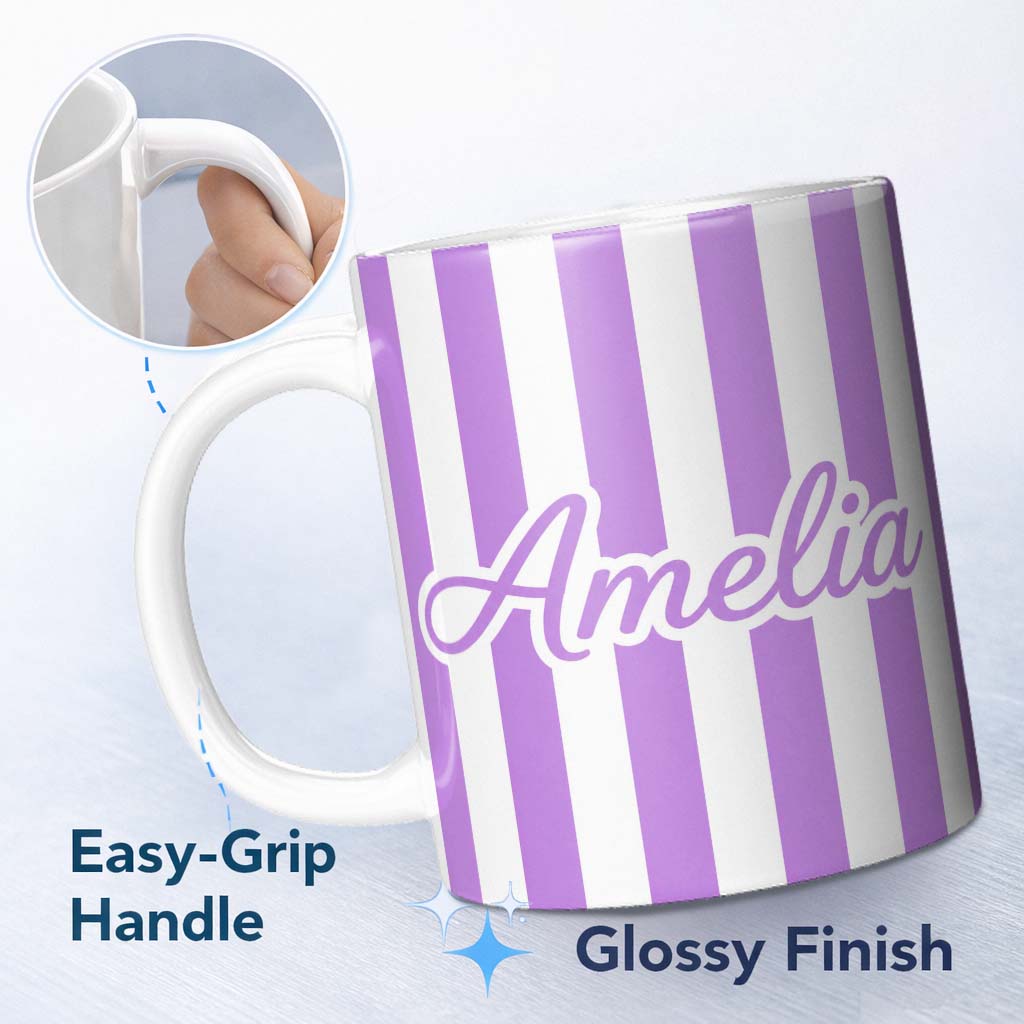 Personalized Custom Name Bold Wavy Purple White Halloween Stripe Seamless Pattern Name Cute 11oz Ceramic Coffee Tea Mug White Large Handle