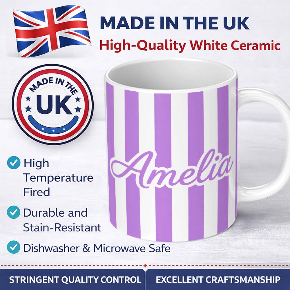 Personalized Custom Name Bold Wavy Purple White Halloween Stripe Seamless Pattern Name Cute 11oz Ceramic Coffee Tea Mug White Large Handle