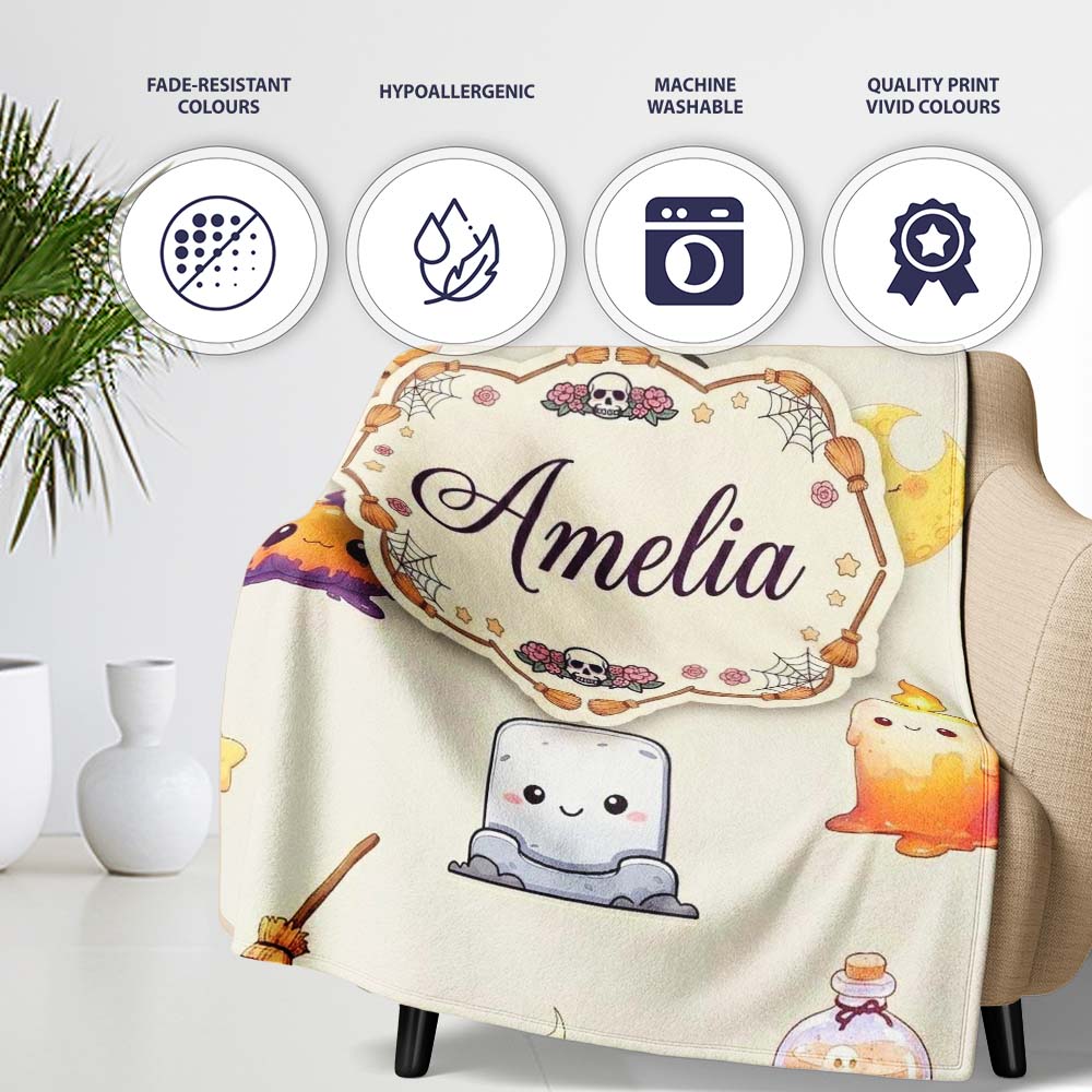 Cute Kawaii Halloween Witch Pumpkin Spider Seamless Pattern Cream Personalised Custom Name Super Soft Fleece Blanket Bed Sofa Throw