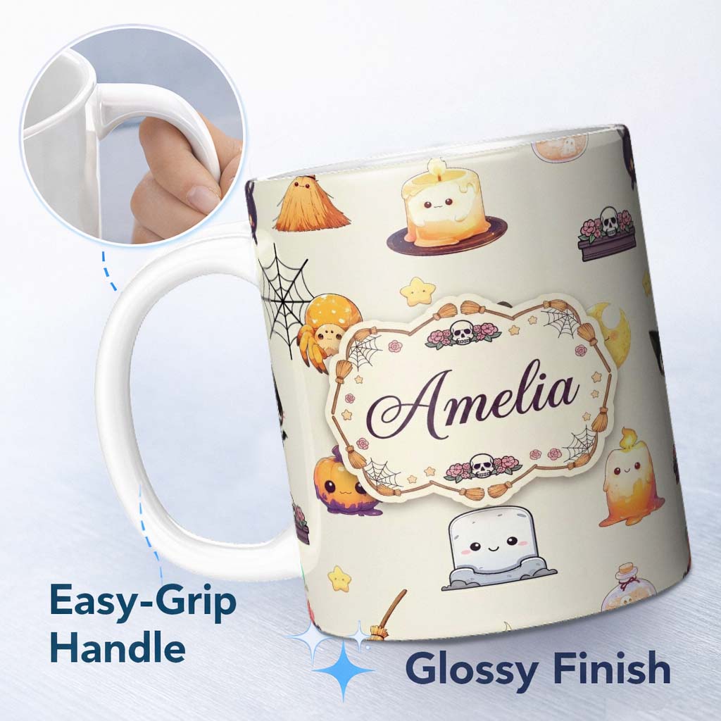 Personalized Custom Name Cute Kawaii Halloween Witch Pumpkin Spider Seamless Pattern Cream 11oz Ceramic Coffee Tea Mug White Large Handle
