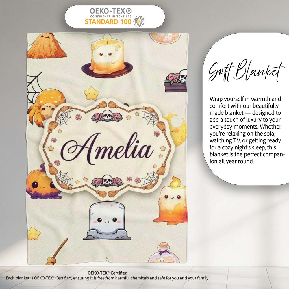 Cute Kawaii Halloween Witch Pumpkin Spider Seamless Pattern Cream Personalised Custom Name Super Soft Fleece Blanket Bed Sofa Throw