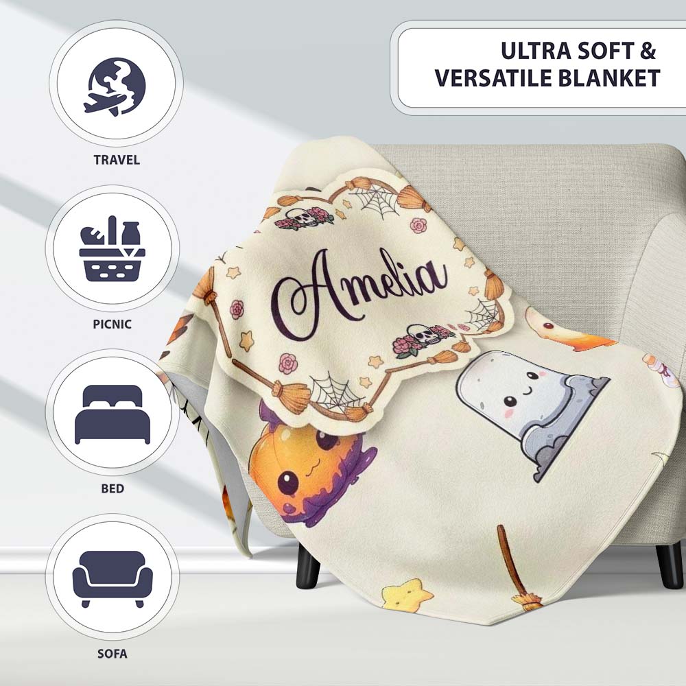 Cute Kawaii Halloween Witch Pumpkin Spider Seamless Pattern Cream Personalised Custom Name Super Soft Fleece Blanket Bed Sofa Throw