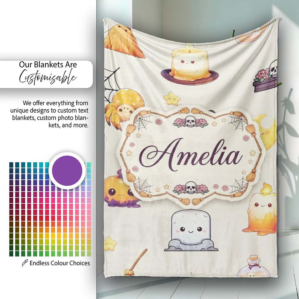 Cute Kawaii Halloween Witch Pumpkin Spider Seamless Pattern Cream Personalised Custom Name Super Soft Fleece Blanket Bed Sofa Throw