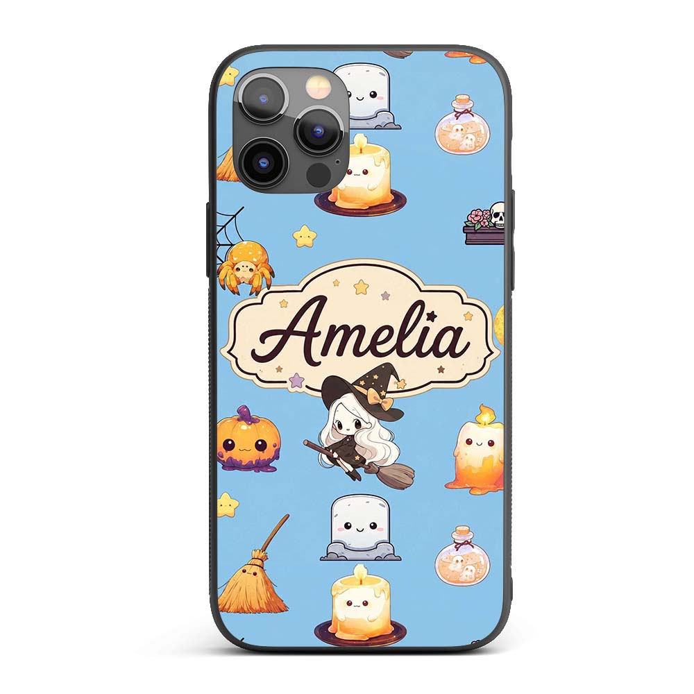 Cute Kawaii Halloween Witch Decorative Design Custom Name Protective Phone Case Mobile Cover Durable Everyday Smartphone Shock Resistant