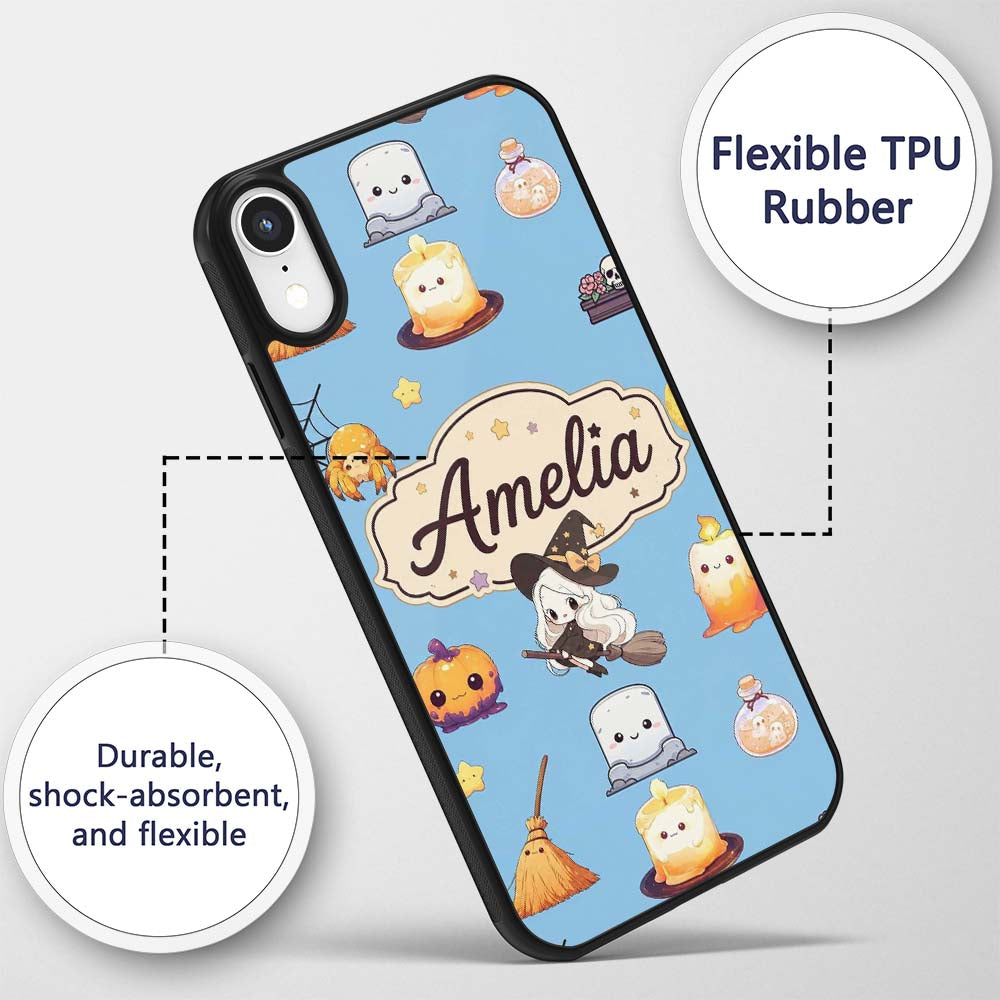 Cute Kawaii Halloween Witch Decorative Design Custom Name Protective Phone Case Mobile Cover Durable Everyday Smartphone Shock Resistant